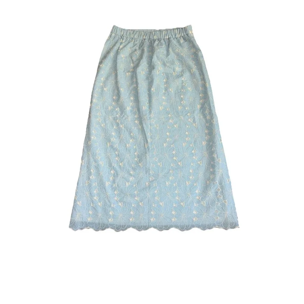 Tuckernuck Silas Blue Eyelet Cotton Midi Skirt Medium